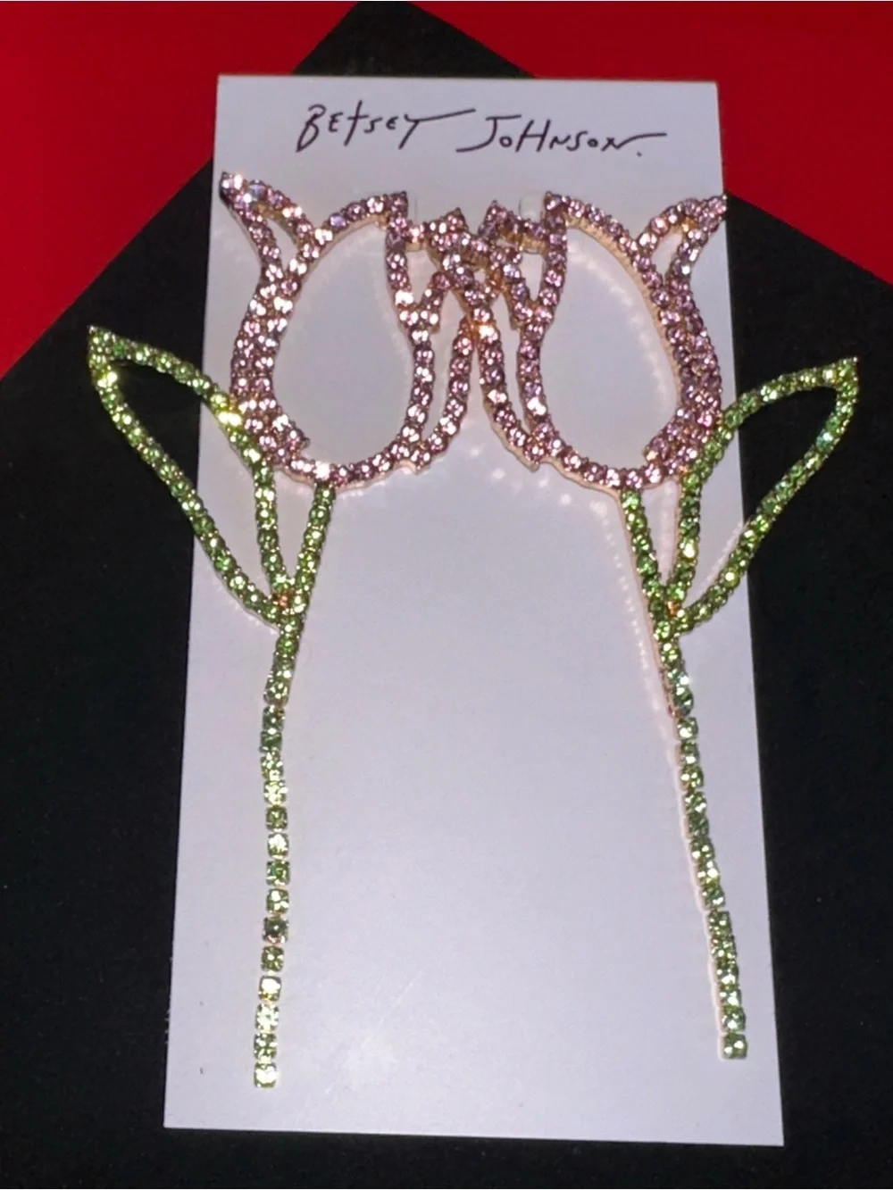Betsey Johnson Pink and Green Rhinestone Tulip earring set